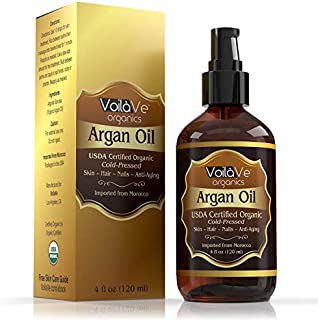 VoilaVe USDA and ECOCERT Pure Organic Moroccan Argan Oil for Skin, Nails & Hair Growth, Anti-Aging Face Moisturizer, Cold Pressed, Hair Moisturizer, Rich in Vitamin E & Carotenes, 4 fl oz