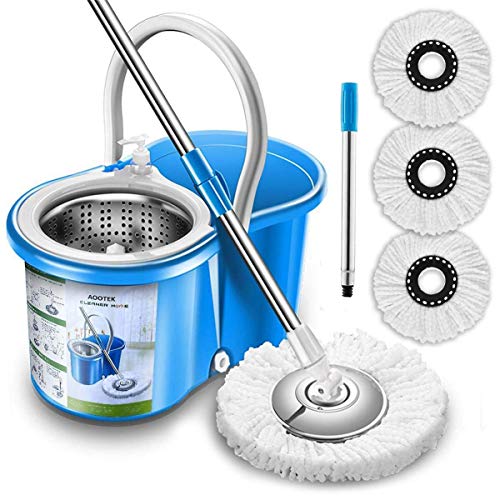 Aootek Upgraded Stainless Steel Deluxe 360 Spin Mop & Bucket Floor Mopping System Included EasyPress Handle with 3 Microfiber Mop Heads