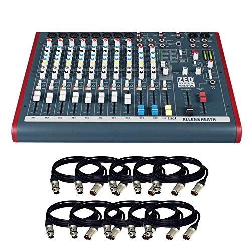 Allen & Heath ZED60-14FX Live and Studio Mixer with Digital FX and USB Port & (10) XLR to XLR Cables 15FT Ea