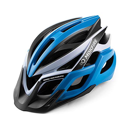 MOKFIRE Adult Bike Helmet with Rechargeable USB Light, Bicycle Helmet Men Women, Road Cycling & Mountain Biking Helmets with Removable Visor, Adjustable 22.05-24.41 Inches (Blue)