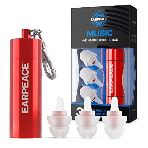 EarPeace Concert Ear Plugs - Reusable High Fidelity Earplugs - Hearing Protection for Music Festivals, DJs, Musicians, Motorcycles, Raves, Work & Airplane Noise Reduction - Standard, Red Case