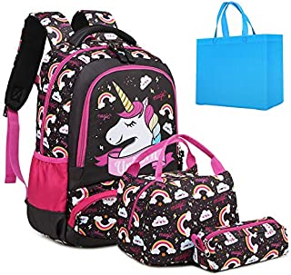 Girls Backpack Unicorn Backpack for Girls Elementary School Backpack for Kids Water Resistant School Bag with Lunch Tote Bag Pencil Purse Bag 3 in 1 Sets Bookbags