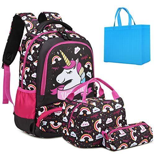 Girls Backpack Unicorn Backpack for Girls Elementary School Backpack for Kids Water Resistant School Bag with Lunch Tote Bag Pencil Purse Bag 3 in 1 Sets Bookbags