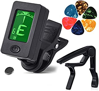 MOREYES Guitar Capo Tuner Clip On Guitar, Violin, Bass, Ukulele Chromatic with Picks (Tuner and Black Capo)