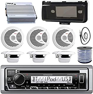 Kenwood Single DIN Marine Boat Audio Bluetooth CD Player Receiver W/ Radio Cover - Bundle Combo with 6X White 6.5'' 150W Waterproof Stereo Speakers + Enrock Antenna + 400W Amplifier + 50-FT Wire