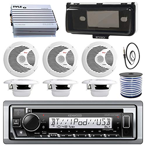 Kenwood Single DIN Marine Boat Audio Bluetooth CD Player Receiver W/ Radio Cover - Bundle Combo with 6X White 6.5'' 150W Waterproof Stereo Speakers + Enrock Antenna + 400W Amplifier + 50-FT Wire