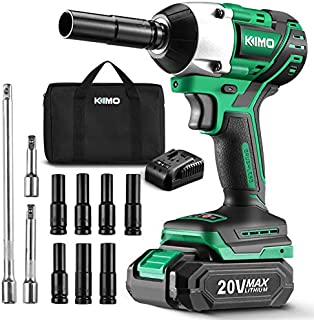 KIMO 20V 1/2 Impact Wrench, Cordless Brushless Impact Wrench Set 250 Ft-lb High Torque 3000 RPM, Li-ion Battery Fast Charger 7 Sockets 3 Extension Bars, Compact Electric Battery Wrench for Car Home