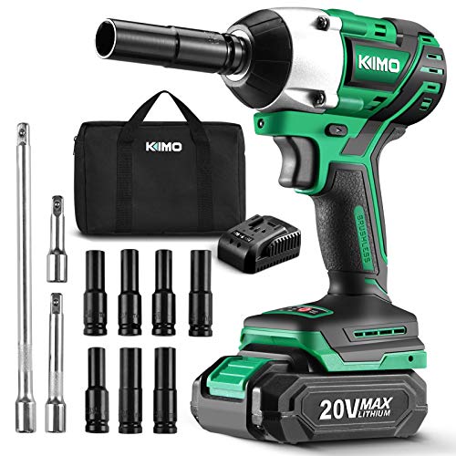 KIMO 20V 1/2 Impact Wrench, Cordless Brushless Impact Wrench Set 250 Ft-lb High Torque 3000 RPM, Li-ion Battery Fast Charger 7 Sockets 3 Extension Bars, Compact Electric Battery Wrench for Car Home