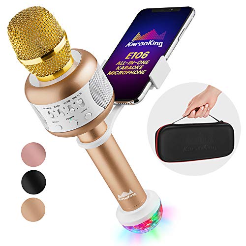 KaraoKing Karaoke Microphone - Wireless, Bluetooth Karaoke Machine for Kids & Adults - Includes Mic with Speaker, Disco Light & Phone Holder - Perfect for Rock n' Roll Parties (E106 2.0 Gold)