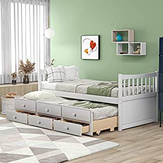 Twin Captain's Bed Storage Daybed with Trundle and Drawers for Kids Teens and Adults, White