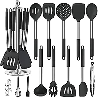 Silicone Kitchen Cooking Utensil Set, EAGMAK 14PCS Stainless Steel Silicone Kitchen Utensils Spatula Set with Stand for Nonstick Cookware, BPA Free Non-Toxic Silicone Cooking Utensils (Black)