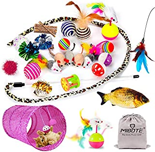 Mibote 30 Pcs Cat Toys Kitten Toys Assorted, Cat Tunnel Catnip Fish Feather Teaser Wand Fish Fluffy Mouse Mice Balls and Bells Toys for Cat Puppy Kitty with Storage Bag