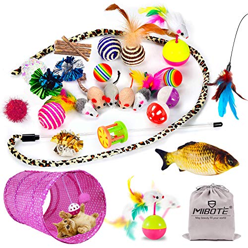 Mibote 30 Pcs Cat Toys Kitten Toys Assorted, Cat Tunnel Catnip Fish Feather Teaser Wand Fish Fluffy Mouse Mice Balls and Bells Toys for Cat Puppy Kitty with Storage Bag