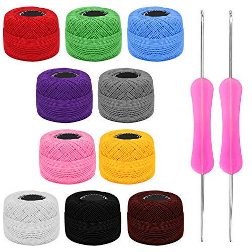 Kurtzy Colorful Crochet Yarn (10 Balls) - 2 Crochet Hooks Included (1mm & 2mm) - Each Thread Ball Weighs (20g/0.70oz) - Total of 1500m/1640 Yards of Coloured Cotton Yarn