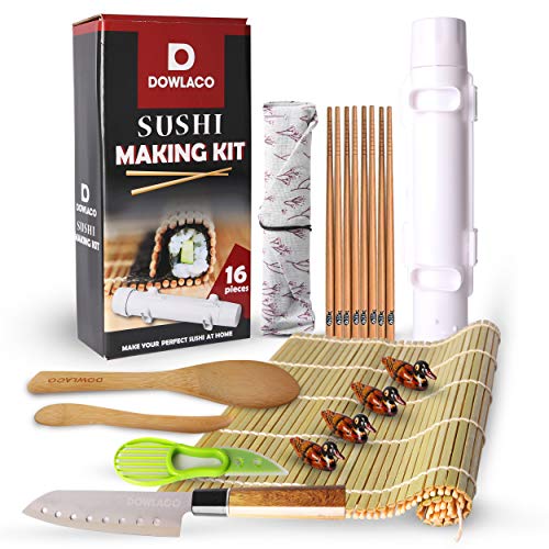 Sushi Making Kit For Beginners - DIY Sushi Roller Machine For Home - All In One Sushi Bazooka Set with Bamboo Rolling Mats, Knife, Chopsticks, Paddle, Spreader, Avocado Tool - No Mess Rice Roll Maker