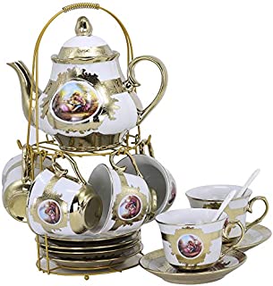 ufengke 13 Piece European Retro Painting Ceramic Tea Set With Metal Holder, Porcelain Tea Cups Set, For Wedding,C