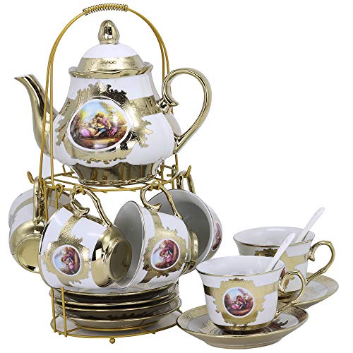 ufengke 13 Piece European Retro Painting Ceramic Tea Set With Metal Holder, Porcelain Tea Cups Set, For Wedding,C