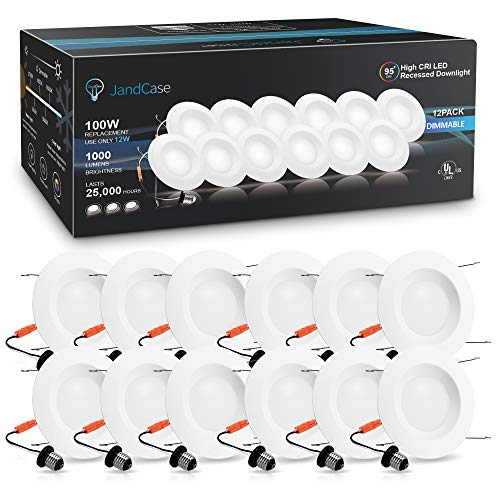 12 Pack 5/6 Inch LED Recessed Ceiling Light, 12W=100W, JandCase Dimmable Recessed Lighting,CRI 95, E26 Base, 3000K Soft White, 1000LM, Super Bright Ceiling Downlight, Low Blue, Damp Rated, UL Listed