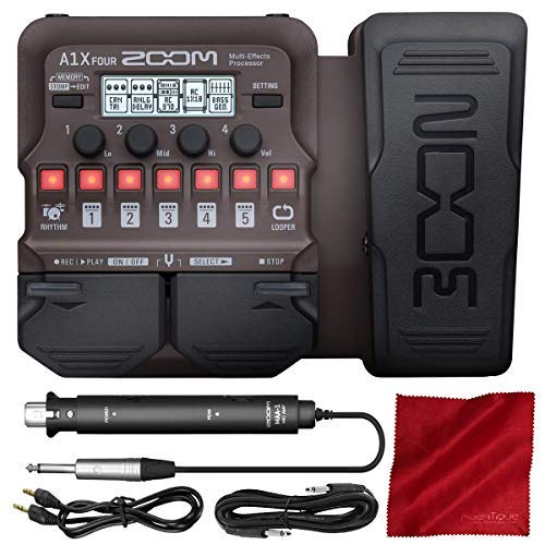 Zoom A1X FOUR Acoustic Instrument Multi-Effect Processor with Expression Pedal for Acoustic Guitar, Saxophone, Trumpet, Violin, Harmonica or Acoustic Bass + Cables & Fibertique Cleaning Cloth