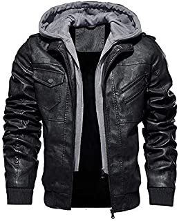 TACVASEN Men's Faux-Leather Jacket Motorcycle Biker Jackets with Removable Hood, Black, L