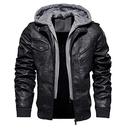 TACVASEN Men's Faux-Leather Jacket Motorcycle Biker Jackets with Removable Hood, Black, L