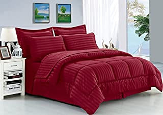 Elegant Comfort Wrinkle Resistant - Silky Soft Dobby Stripe Bed-in-a-Bag 8-Piece Comforter Set -HypoAllergenic - Full/Queen, Burgundy