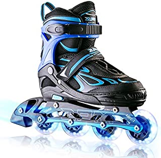 2PM SPORTS Vinal Boys Adjustable Flashing Inline Skates, All Wheels Light Up, Fun Illuminating Skates for Kids and Youths - Azure Large(4Y-7Y US)