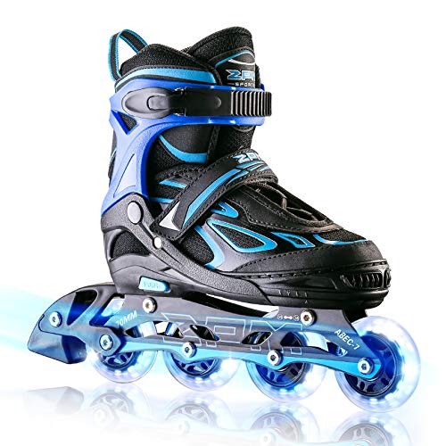 2PM SPORTS Vinal Boys Adjustable Flashing Inline Skates, All Wheels Light Up, Fun Illuminating Skates for Kids and Youths - Azure Large(4Y-7Y US)