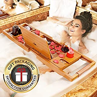 YM Lux Craft Bamboo Bathtub Caddy Tray [Durable, Non-Slip], 1-2 Adults Expandable Bathtub Tray, Beautiful Gift Box, Fits Any Tub Bath - Holds Book, Wine, Phone, Ipad, Laptop