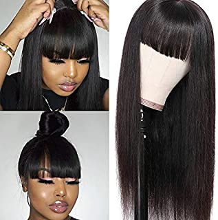 Liwihas Silky Brazilian Virgin Straight Human Hair Wigs with Bangs 130% Density None Lace Front Wigs Glueless Machine Made Wigs for Black Women Natural Color (16inch, Straight Wigs)