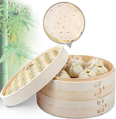 10 Inch Asian Organic Bamboo Steamer, 2-Tiers Chinese Food Steamers, Natural Handmade Steam Basket, Great for dumplings, vegetables, chicken, fish, Dim Sum