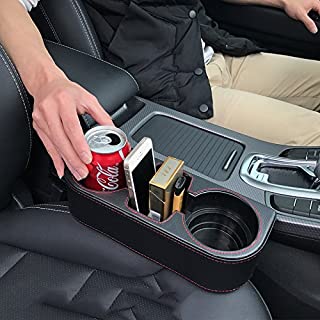 Iokone Coin Side Pocket Console Side Pocket Leather Cover Car Cup Holder Auto Front Seat Organizer Cell Mobile Phone Holder (Black)