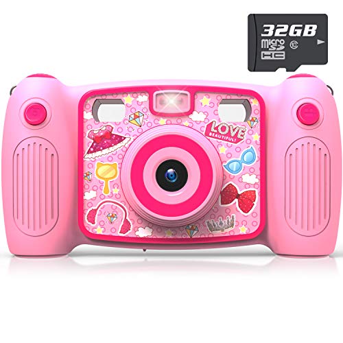 Kids Selfie Camera, AKAMATE 1080P 12MP Kids Digital Camera with 32GB SD Card Children Video Camera Camcorder Toys Gifts for 4-10 Year Old Boys Girls, Build-in 5 Games, Voice Recorder (Pink)