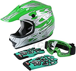 TCMT Dot Youth & Kids Motocross Offroad Street Helmet Green Flame Motorcycle Youth Helmet Dirt Bike Motocross ATV Helmet+Goggles+Gloves M