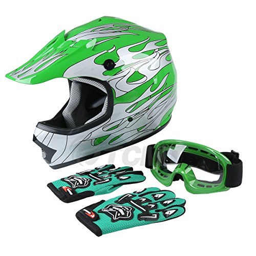 TCMT Dot Youth & Kids Motocross Offroad Street Helmet Green Flame Motorcycle Youth Helmet Dirt Bike Motocross ATV Helmet+Goggles+Gloves M