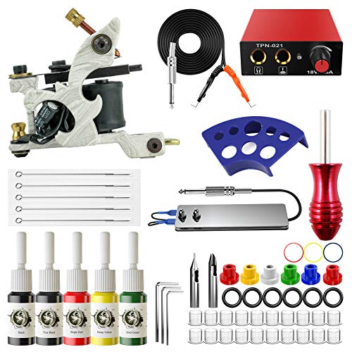 ITATOO Complete Tattoo Kit for Beginners Tattoo Power Supply Kit 5 Tattoo Inks 5 Tattoo Needles 1 Pro Tattoo Machine Kit Tattoo Supplies TK104013