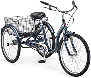 Schwinn Meridian Adult Tricycle with 24-Inch Wheels in Slate Blue, with Low Step-Through Aluminum Frame, Front and Rear Fenders, Adjustable Handlebars, Large Cruiser Seat, and Rear Folding Basket