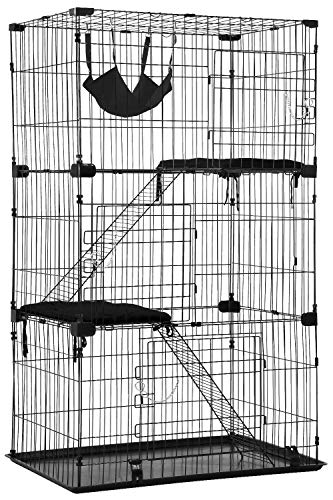 Cat Cage Cat Crate Cat Kennel Cat Playpen with Free Hammock 3 Cat Bed 3 Front Doors 2 Ramp Ladders Perching Shelves,67 inches (Black)