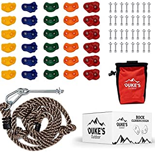 Duke's Outdoor Rock Climbing Holds Set for Kids - 30 Rock Climbing Wall Grips for Indoor & Outdoor Play Set, 8 Foot Knotted Climbing Rope, Chalk Bag, Chalk & 3 DIY Videos,