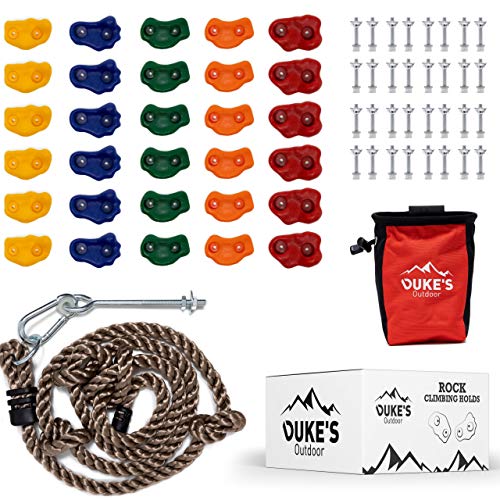 Duke's Outdoor Rock Climbing Holds Set for Kids - 30 Rock Climbing Wall Grips for Indoor & Outdoor Play Set, 8 Foot Knotted Climbing Rope, Chalk Bag, Chalk & 3 DIY Videos,