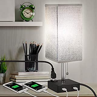 USB Bedside Table Lamp, MOICO Stylish Nightstand Lamp with 2 USB Charging Port and one AC Outlet, Modern Desk Lamp with Grey Linen Fabric Shade for Bedroom, Living Room, Kids Room, Dorm, Office