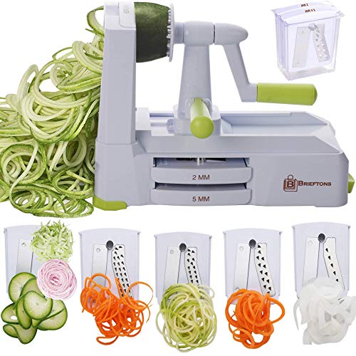 Brieftons 5-Blade Spiralizer (BR-5B-02): Strongest-and-Heaviest Duty Vegetable Spiral Slicer, Best Veggie Pasta Spaghetti Maker for Low Carb/Paleo/Gluten-Free, With Extra Blade Caddy & 4 Recipe Ebooks