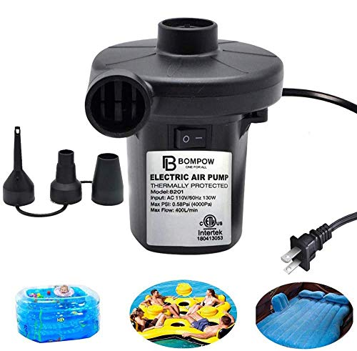 BOMPOW Electric Air Pump for Inflatables Air Mattress Pump Air Bed Pool Toy Raft Boat Quick Electric Air Pump Black (AC Pump(130W))