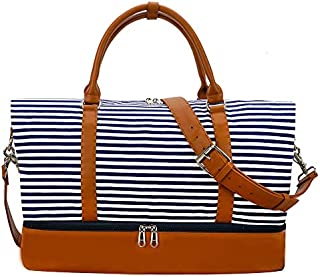 Weekender Bag Carry on Overnight Duffel for Women, Carrying Weedkend Travel Bags for Ladies, Canvas& PU Leather with Shoe Compartment Duffle (Blue Strips)