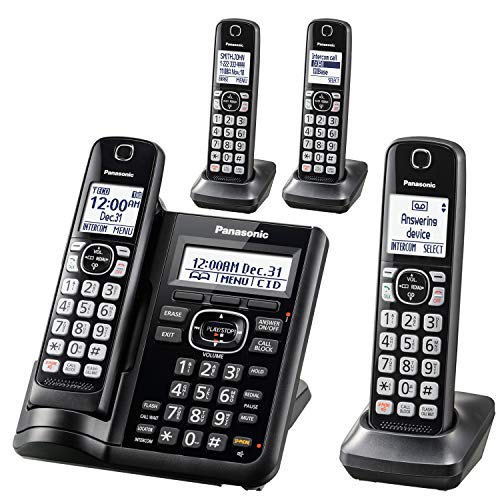 Panasonic Cordless Phone System with Answering Machine, One-Touch Call Block, Enhanced Noise Reduction, Talking Caller ID and Intercom Voice Paging - 4 Handsets - KX-TGF544B (Black)