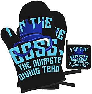 Woidxzxza Dumpster Diving Team Product I Am The Boss Funny Tee Oven Mitts and Pot Holders Set, Heat Resistant Kitchen Bake Gloves Non-Slip Pot Holders for Cooking, Baking,Grilling, Barbecue,BBQ