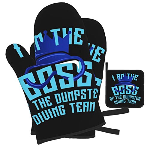 Woidxzxza Dumpster Diving Team Product I Am The Boss Funny Tee Oven Mitts and Pot Holders Set, Heat Resistant Kitchen Bake Gloves Non-Slip Pot Holders for Cooking, Baking,Grilling, Barbecue,BBQ