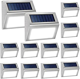 12 Pack Solar Powered Deck Lights Wireless Bright LED Stair Lights Auto On/Off Waterproof Stainless Steel Decorative Outdoor Step Lighting for Driveway Fences Pathway Staircase (White Light)