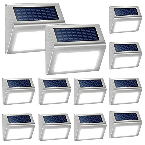 12 Pack Solar Powered Deck Lights Wireless Bright LED Stair Lights Auto On/Off Waterproof Stainless Steel Decorative Outdoor Step Lighting for Driveway Fences Pathway Staircase (White Light)