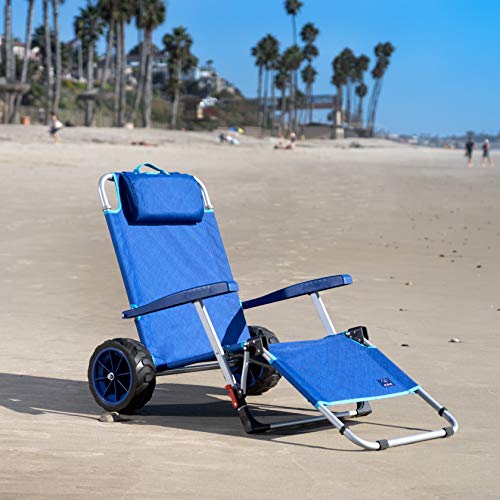 Mac Sports 2-in-1 Beach Day Folding Lounge Chair+Cargo Cart for Outdoors Sunbathing | Sun Chair, Tanning Chair, Portable, Lightweight, Lounger for Patio, Collapsible with All-Terrain Wheels | Blue